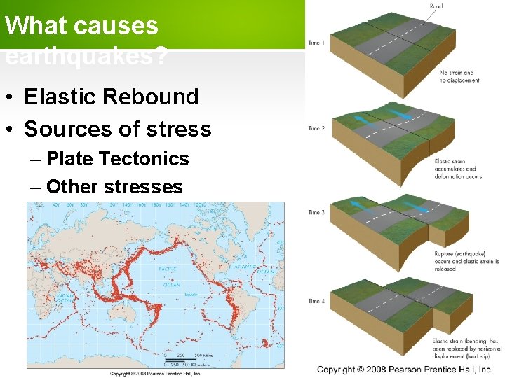 What causes earthquakes? • Elastic Rebound • Sources of stress – Plate Tectonics –