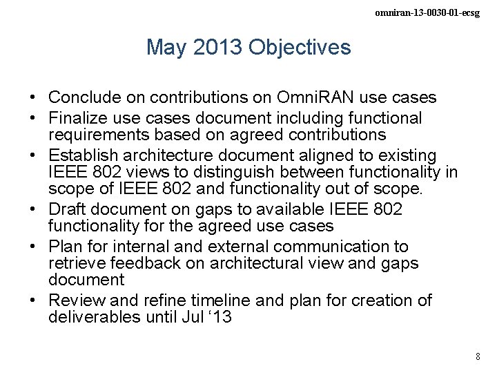 omniran-13 -0030 -01 -ecsg May 2013 Objectives • Conclude on contributions on Omni. RAN