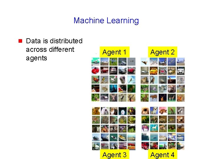 Machine Learning g Data is distributed across different agents Agent 1 Agent 2 Agent