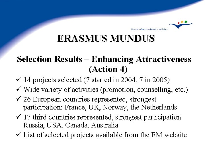 ERASMUS MUNDUS Selection Results – Enhancing Attractiveness (Action 4) ü 14 projects selected (7 ERASMUS MUNDUS Selection Results – Enhancing Attractiveness (Action 4) ü 14 projects selected (7