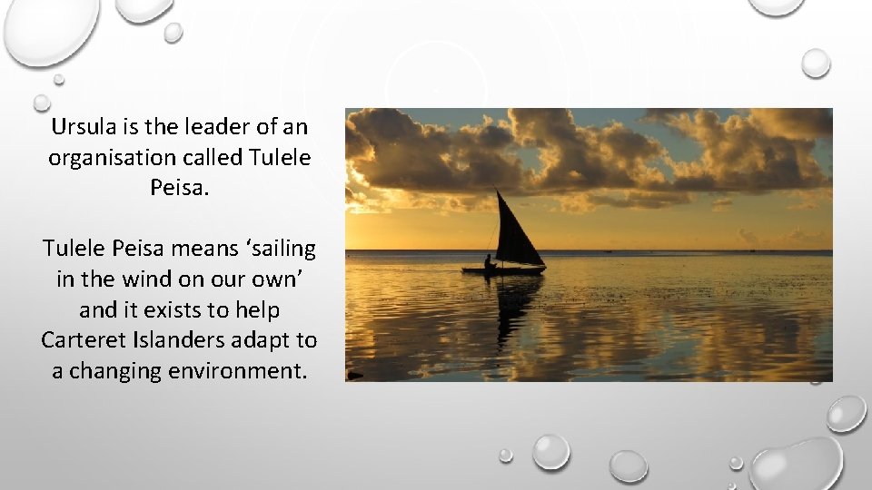Ursula is the leader of an organisation called Tulele Peisa means ‘sailing in the