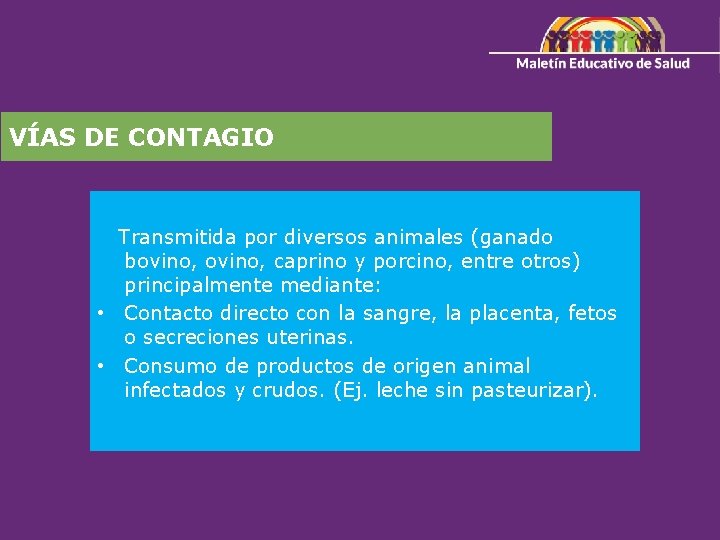 VÍAS DE CONTAGIO Transmitida por diversos animales (ganado bovino, caprino y porcino, entre otros)