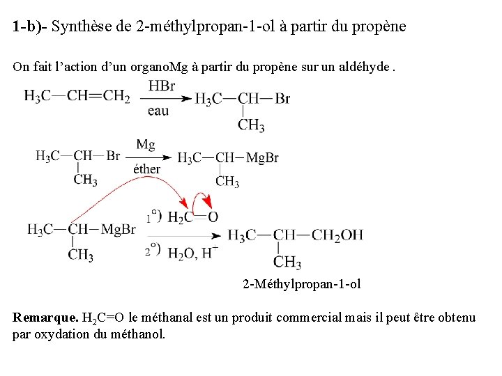 1 -b)- Synthèse de 2 -méthylpropan-1 -ol à partir du propène On fait l’action