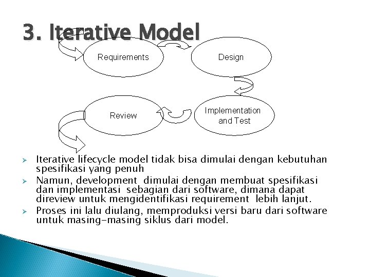 3. Iterative Model Ø Ø Ø Requirements Design Review Implementation and Test Iterative lifecycle