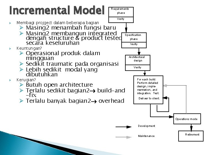 Incremental Model Ø Ø Ø Membagi projgect dalam beberapa bagian Requirements phase Verify Ø