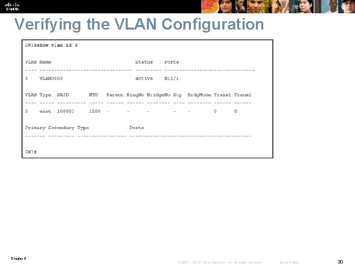 Verifying the VLAN Configuration Chapter 3 © 2007 – 2016, Cisco Systems, Inc. All