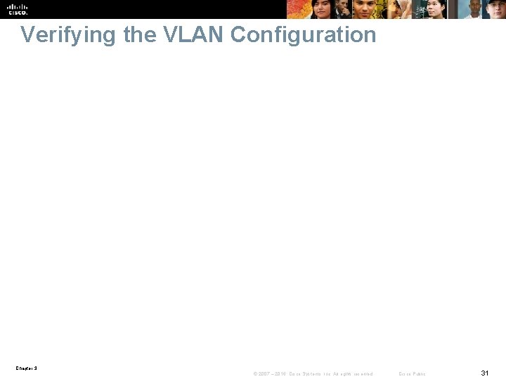 Verifying the VLAN Configuration Chapter 3 © 2007 – 2016, Cisco Systems, Inc. All