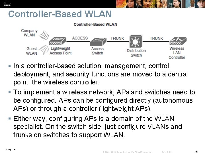 Controller-Based WLAN § In a controller-based solution, management, control, deployment, and security functions are