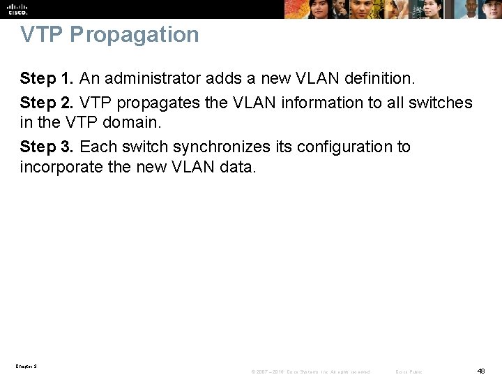 VTP Propagation Step 1. An administrator adds a new VLAN definition. Step 2. VTP