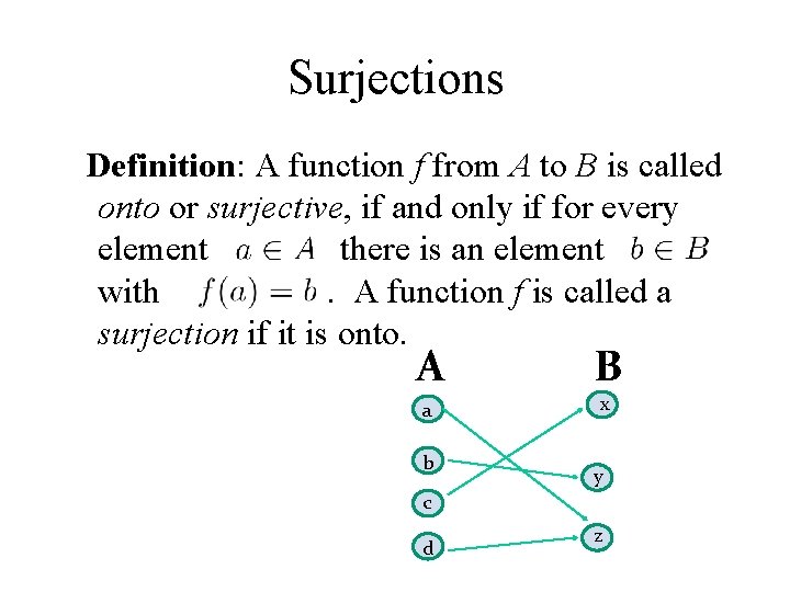 Surjections Definition: A function f from A to B is called onto or surjective,