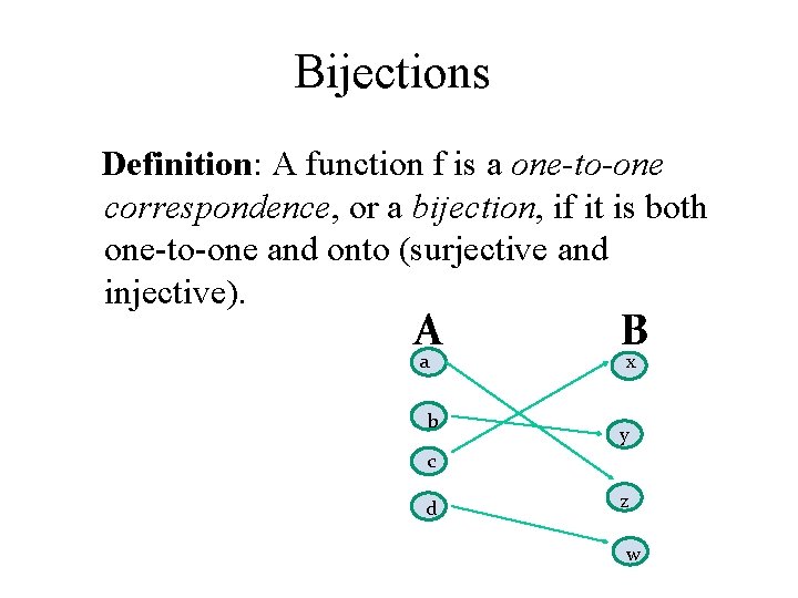 Bijections Definition: A function f is a one-to-one correspondence, or a bijection, if it