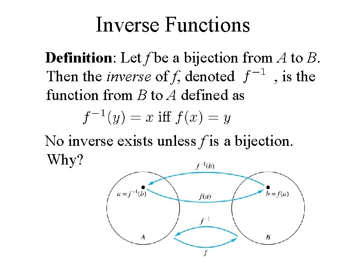 Inverse Functions Definition: Let f be a bijection from A to B. Then the