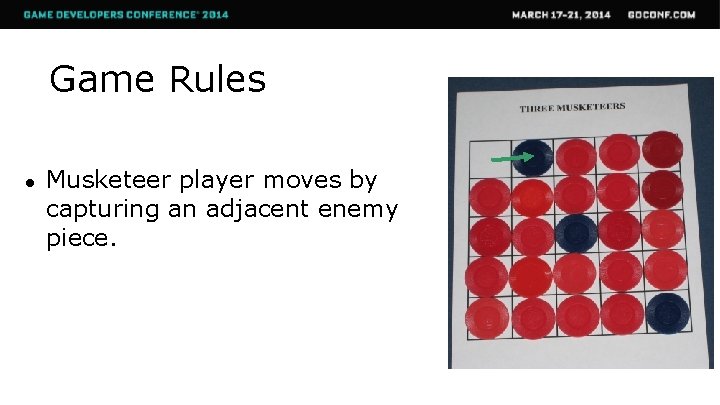 Game Rules ● Musketeer player moves by capturing an adjacent enemy piece. 