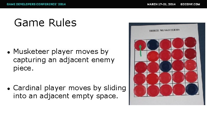 Game Rules ● Musketeer player moves by capturing an adjacent enemy piece. ● Cardinal