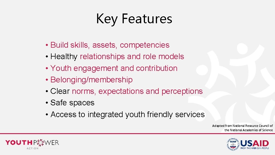 Key Features • Build skills, assets, competencies • Healthy relationships and role models •