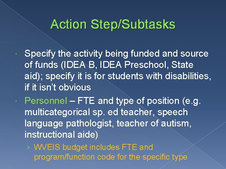 Action Step/Subtasks Specify the activity being funded and source of funds (IDEA B, IDEA