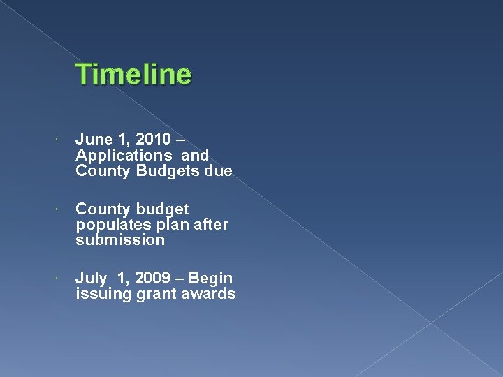 Timeline June 1, 2010 – Applications and County Budgets due County budget populates plan