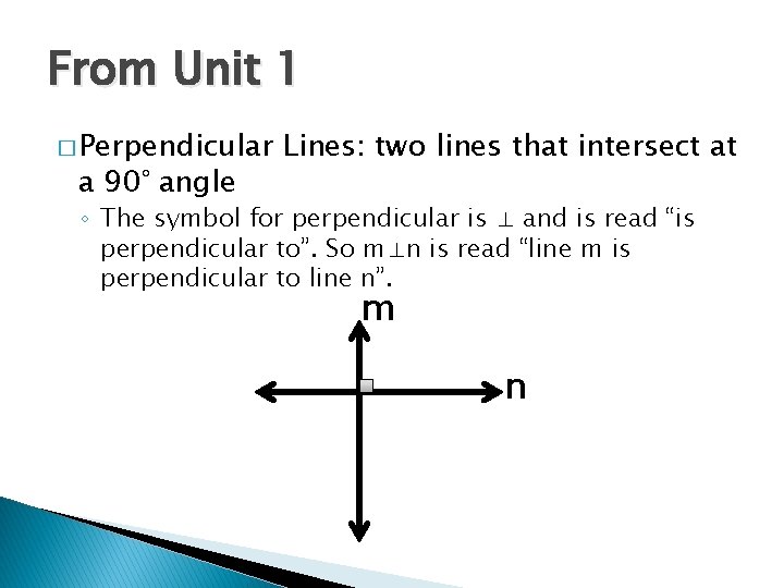 From Unit 1 � Perpendicular a 90° angle Lines: two lines that intersect at From Unit 1 � Perpendicular a 90° angle Lines: two lines that intersect at