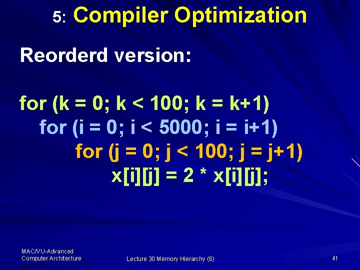 5: Compiler Optimization Reorderd version: for (k = 0; k < 100; k =