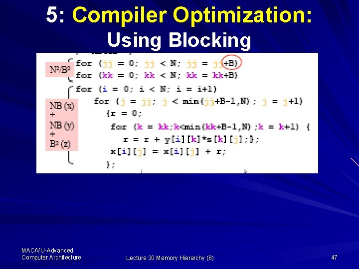 5: Compiler Optimization: Using Blocking MAC/VU-Advanced Computer Architecture Lecture 30 Memory Hierarchy (6) 47