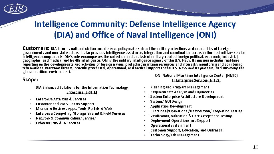 Intelligence Community: Defense Intelligence Agency (DIA) and Office of Naval Intelligence (ONI) Customers: DIA