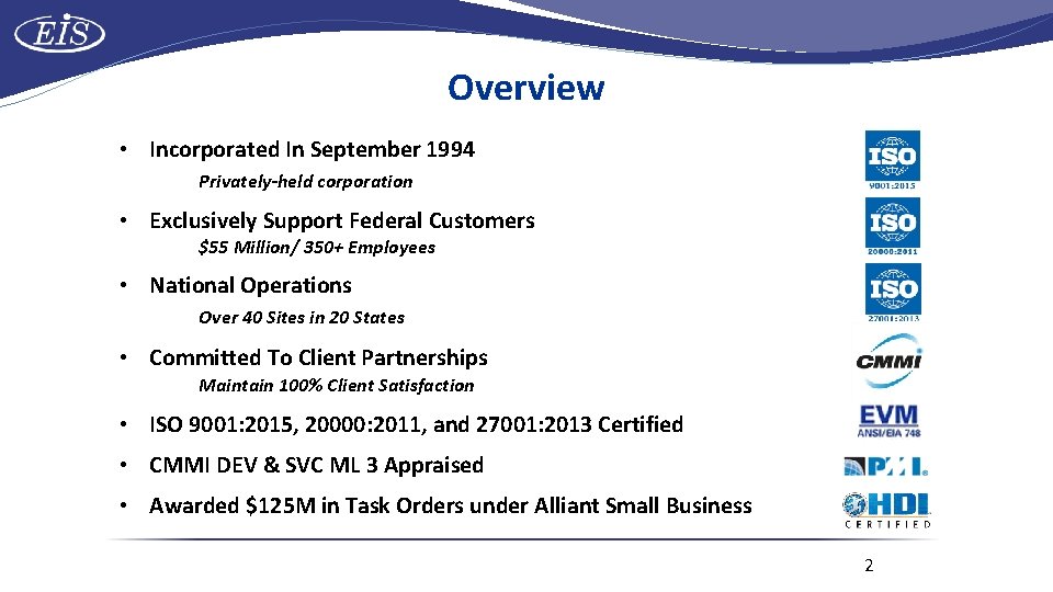 Overview • Incorporated In September 1994 Privately-held corporation • Exclusively Support Federal Customers $55