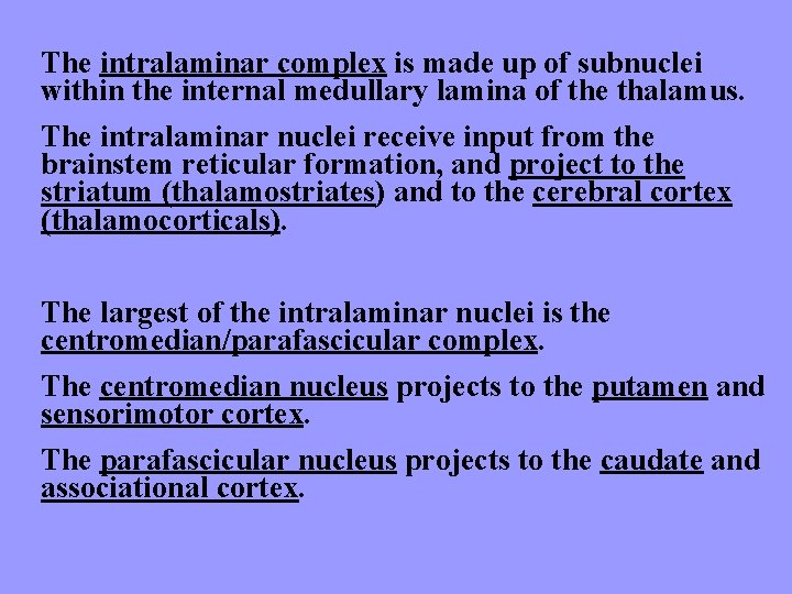 The intralaminar complex is made up of subnuclei within the internal medullary lamina of