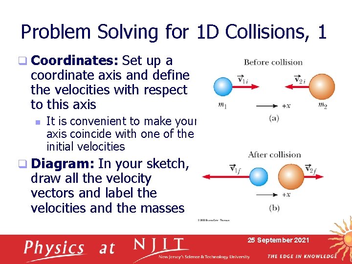 Problem Solving for 1 D Collisions, 1 q Coordinates: Set up a coordinate axis
