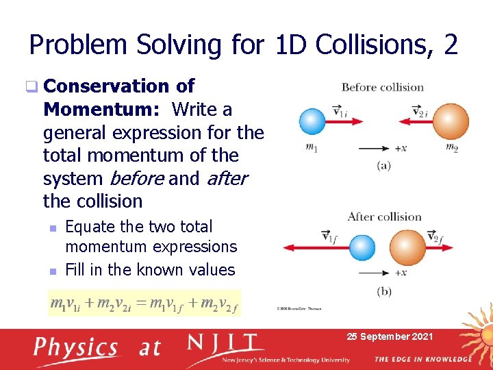 Problem Solving for 1 D Collisions, 2 q Conservation of Momentum: Write a general