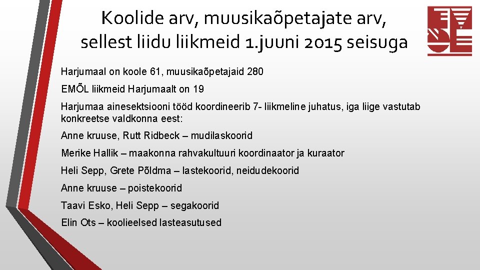 Koolide arv, muusikaõpetajate arv, sellest liidu liikmeid 1. juuni 2015 seisuga Harjumaal on koole