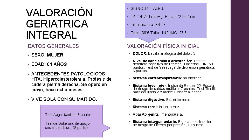 VALORACIÓN GERIATRICA INTEGRAL DATOS GENERALES • SEXO: MUJER • EDAD: 81 AÑOS • ANTECEDENTES