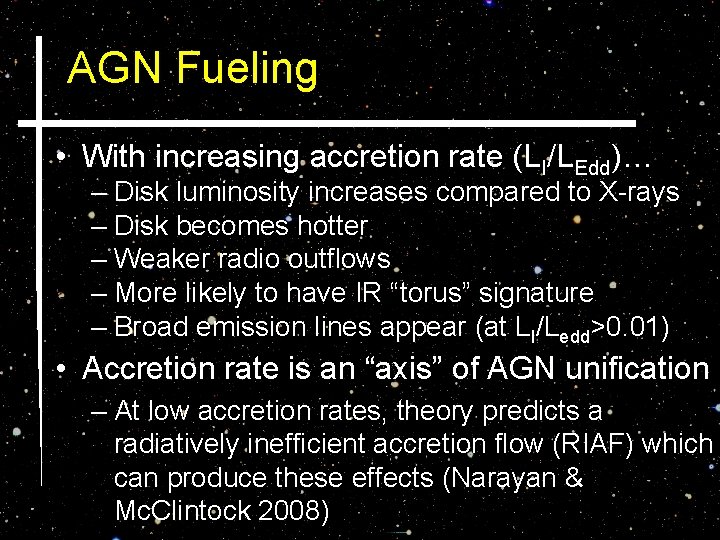 AGN Fueling • With increasing accretion rate (LI/LEdd)… – Disk luminosity increases compared to