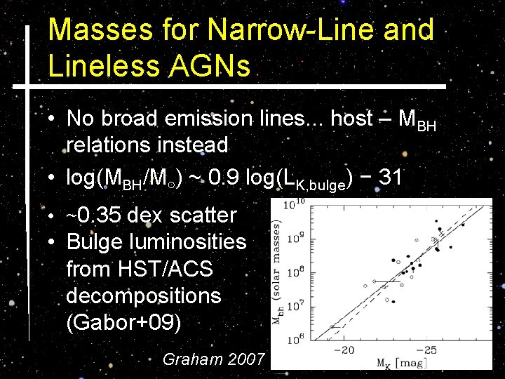 Masses for Narrow-Line and Lineless AGNs • No broad emission lines. . . host