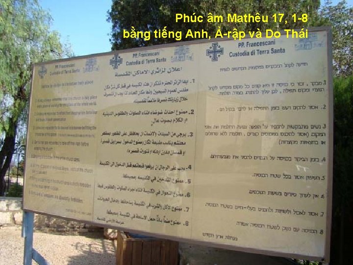 Phúc âm Mathêu 17, 1 -8 bằng tiếng Anh, Ả-rập và Do Thái 