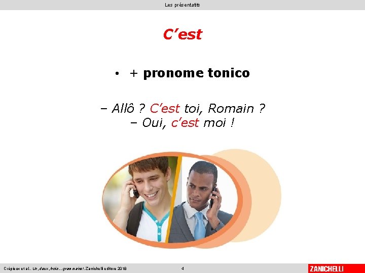 Les présentatifs C’est • + pronome tonico ‒ Allô ? C’est toi, Romain ?