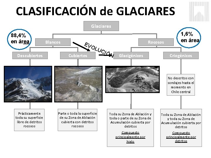 CLASIFICACIÓN de GLACIARES Glaciares 88, 4% en área Descubiertos Blancos EV OL Cubiertos Rocosos