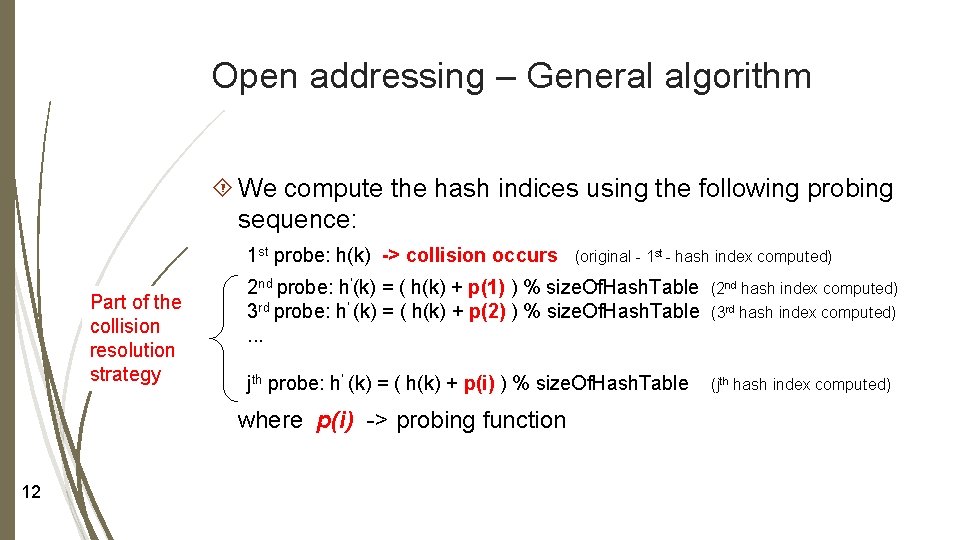 Open addressing – General algorithm We compute the hash indices using the following probing