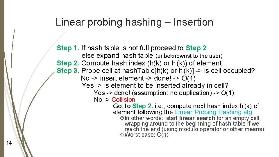 Linear probing hashing – Insertion Step 1. If hash table is not full proceed