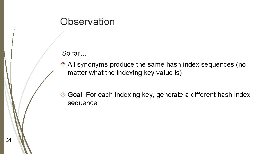 Observation So far… All synonyms produce the same hash index sequences (no matter what