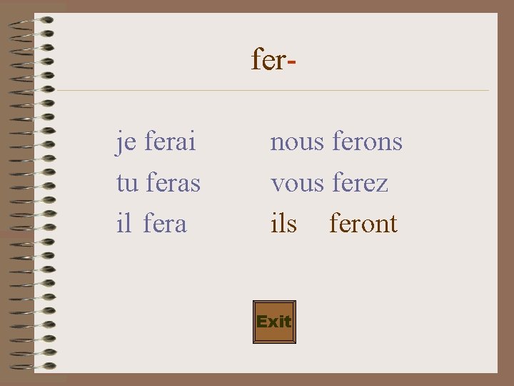 ferje ferai tu feras il fera nous ferons vous ferez ils feront Exit 