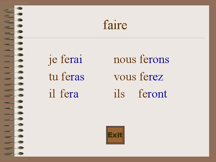 faire je ferai tu feras il fera nous ferons vous ferez ils feront Exit