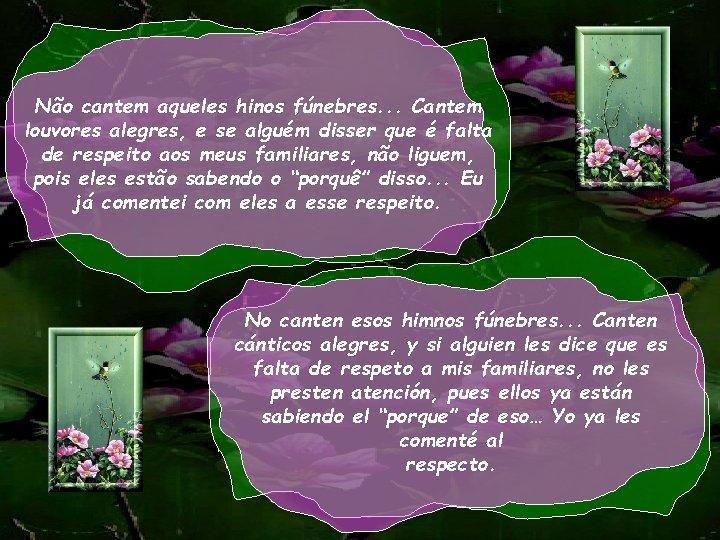 Não cantem aqueles hinos fúnebres. . . Cantem louvores alegres, e se alguém disser