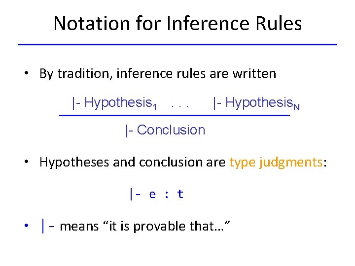 Notation for Inference Rules • By tradition, inference rules are written |- Hypothesis 1.