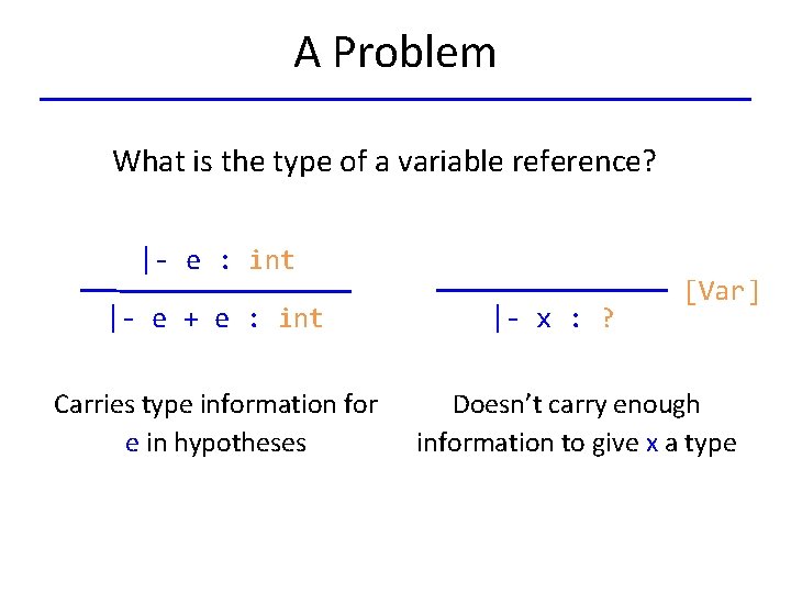 A Problem What is the type of a variable reference? |- e : int