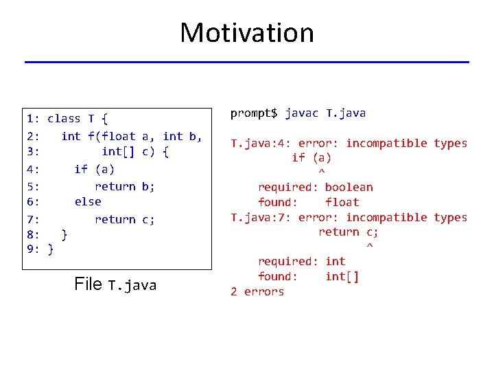 Motivation 1: class T { 2: int f(float a, int b, 3: int[] c)