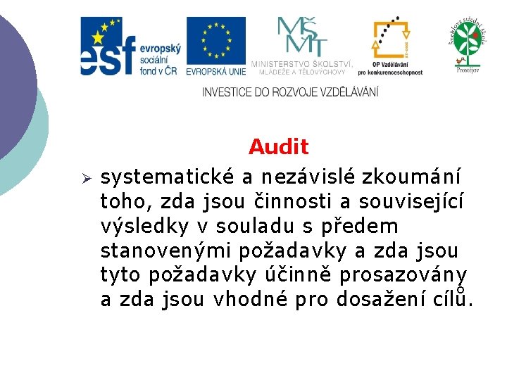 Ø Audit systematické a nezávislé zkoumání toho, zda jsou činnosti a související výsledky v