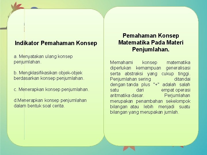 Indikator Pemahaman Konsep a. Menyatakan ulang konsep penjumlahan. b. Mengklasifikasikan objek-objek berdasarkan konsep penjumlahan.