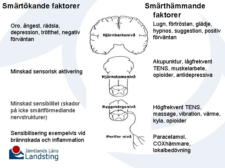 Smärtökande faktorer Oro, ångest, rädsla, depression, trötthet, negativ förväntan Minskad sensorisk aktivering Minskad sensibilitet