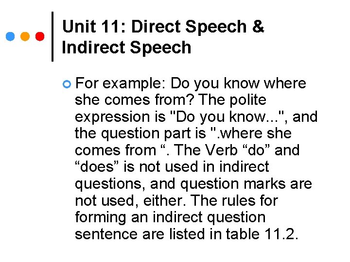 Unit 11: Direct Speech & Indirect Speech ¢ For example: Do you know where