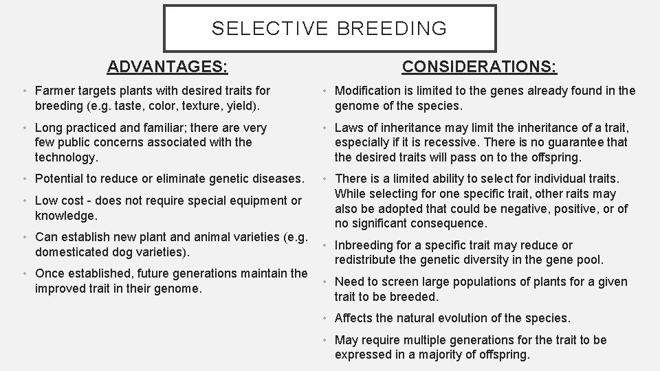SELECTIVE BREEDING ADVANTAGES: CONSIDERATIONS: • Farmer targets plants with desired traits for breeding (e.